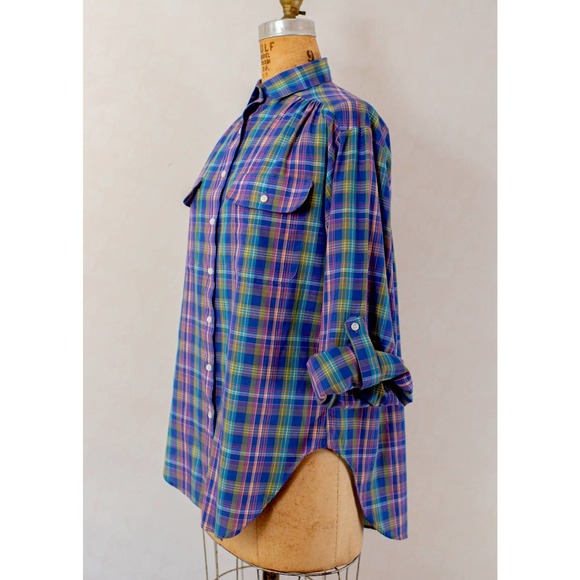 Vintage 80s prairie style, purple plaid button down shirt, women's small med - Picture 9 of 9
